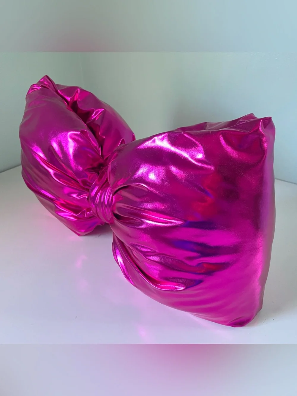 Decorative Hot Pink Bow Shaped Accent Pillow Metallic Faux Leather
